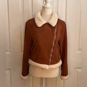 SHEIN Women Velvet-Like Fabric Jacket, Faux Fur Collar, Brown, Size Medium